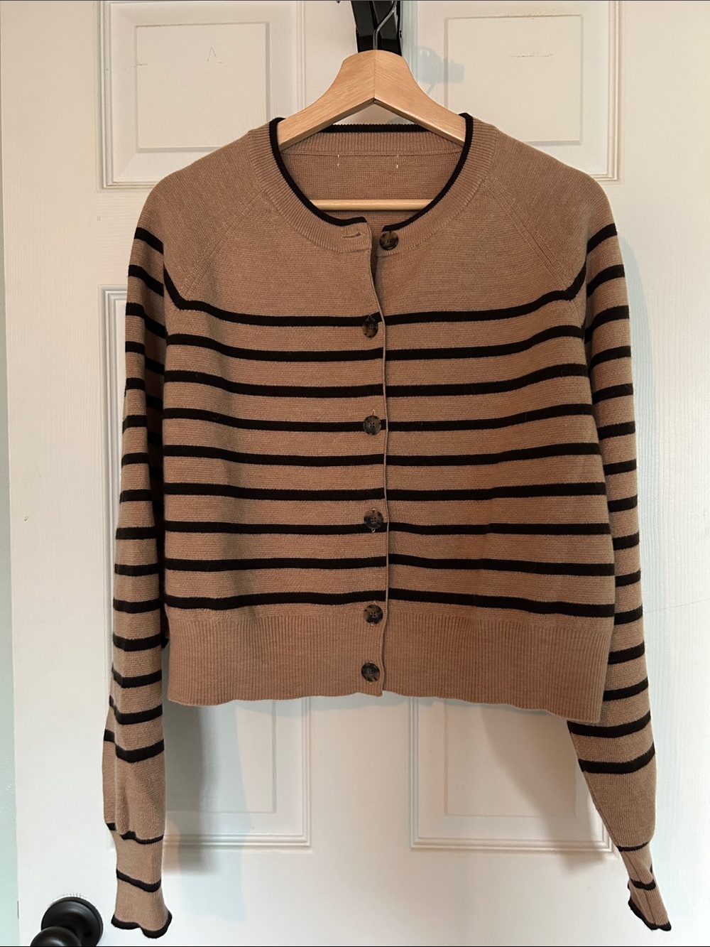 100% Wool J. Crew Tan and Black Striped Crewneck Cardigan